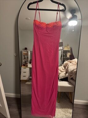 House of CB Hot Pink Slip Dress with Coral Lace Trim